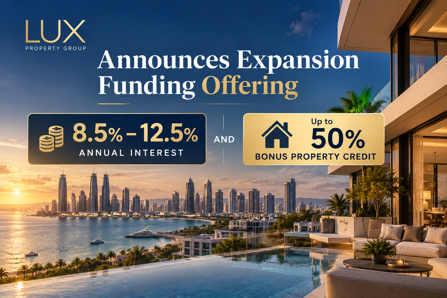LUX Property Group Announces Expansion Funding Offering 8.5%–12.5% Annual Interest and Up to 50% Bonus Property Credit